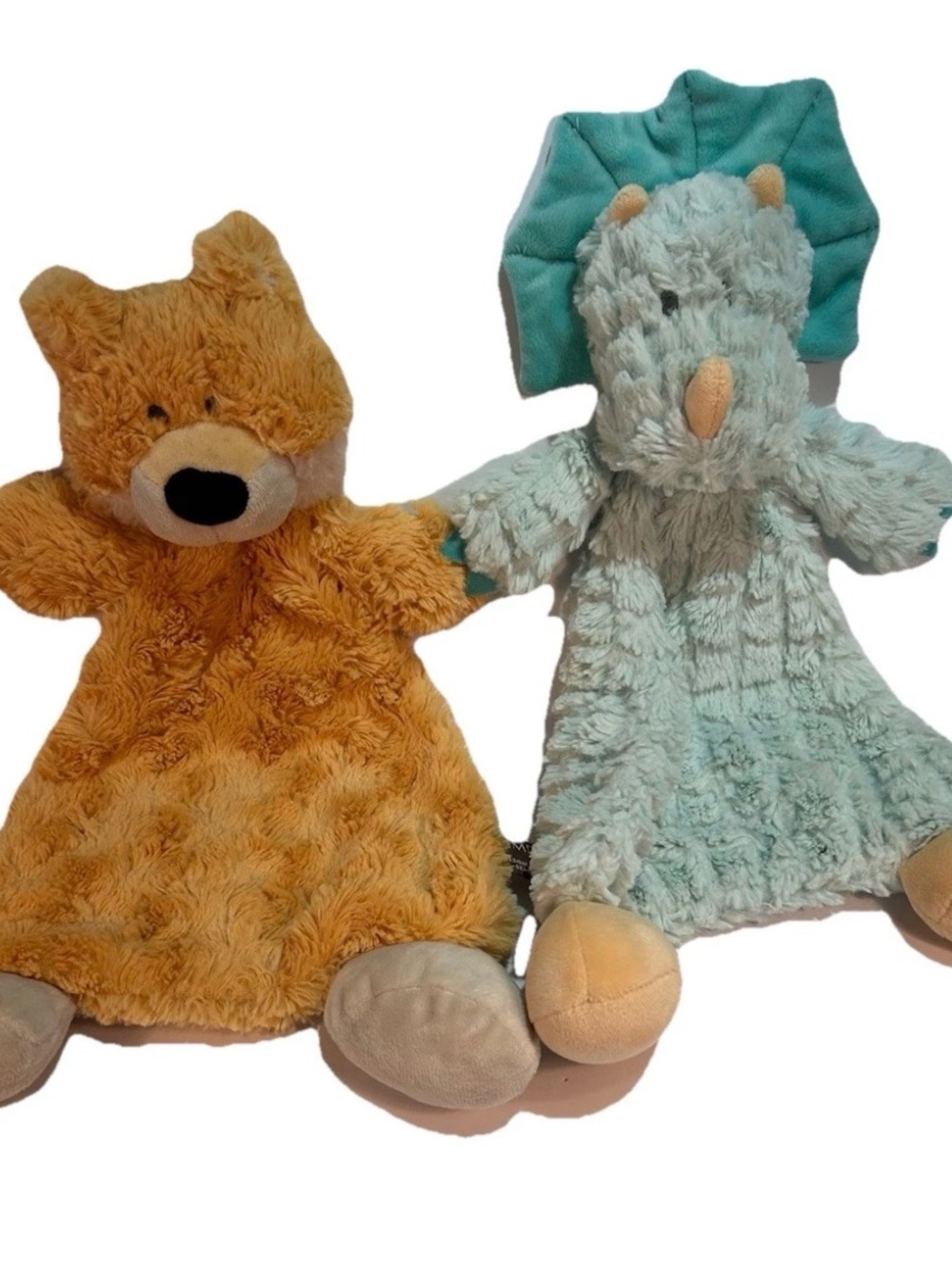 2 DEMDACO Plush Lovey Green Dinosaur Tan Bear Security Blanket Baby Rattle Plush